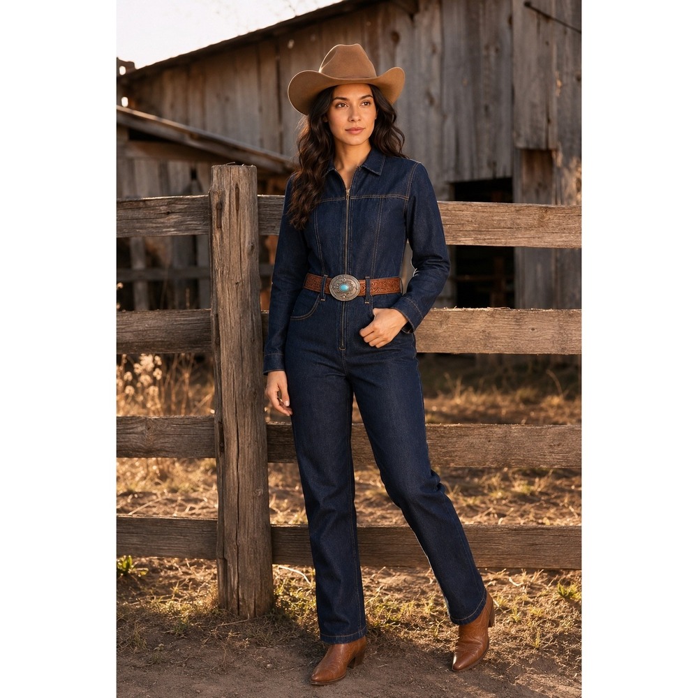 Etica Women XS Dark Wash Denim Long Sleeve Zip Front Jumpsuit EW199153 595